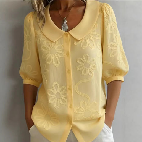Loose Casual Vintage Button Embroidered Floral Medium Sleeve Shirt m302432