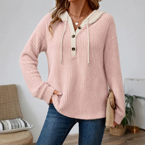 Loose v-neck button-down drawstring hooded casual women's top FF303504