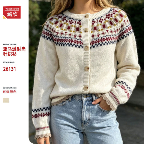 Fair Island jacquard knitted cardigan women's autumn and winter new crew neck retro sweater jacket loose versatile top FF303502