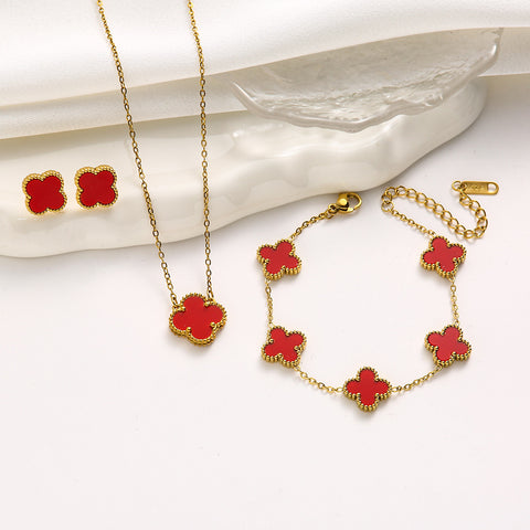 Ensemble de bijoux en acier titane trèfle Double face avec bracelet laser, incrustation de diamant de luxe léger m5010677