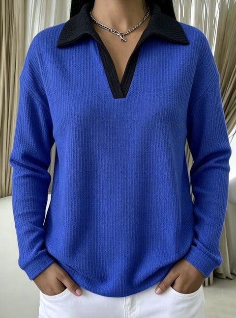 Waffle Contrast Long Sleeve Polo Top Women's m303233