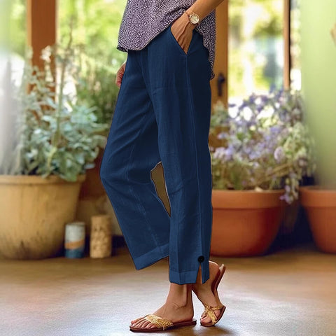 Lose, einfarbige, elastische Taillentasche aus Baumwolle und Leinen für Damen, gerade Freizeithose m301424 