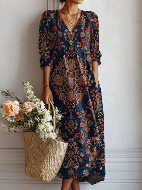Women's loose V-neck fashion high-end long-sleeved printed collar dress m302766