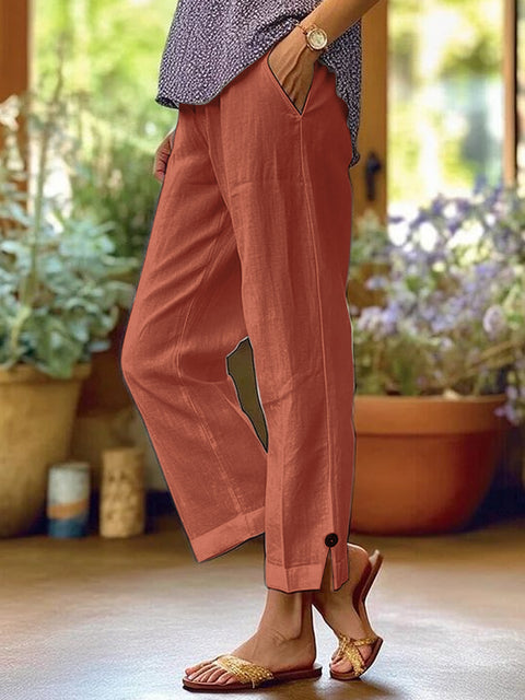 Lose, einfarbige, elastische Taillentasche aus Baumwolle und Leinen für Damen, gerade Freizeithose m301424 