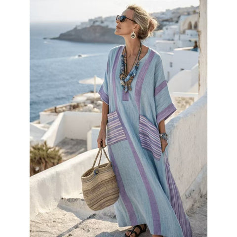 Holiday long striped embroidered dress m302762
