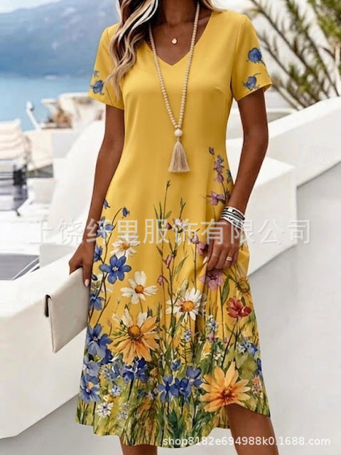 Printed women's v-neck short-sleeved temperament fashion dress m303046