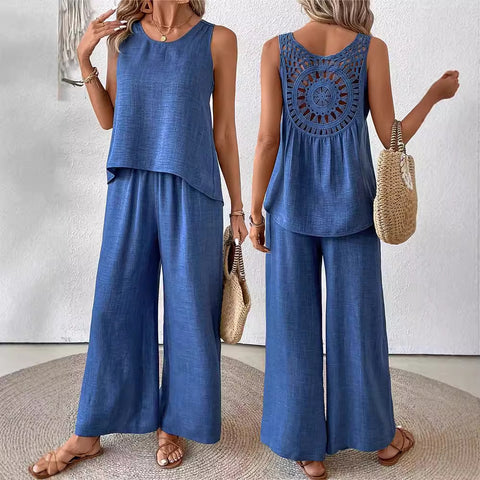 Frühling und Sommer einfarbig hohle Spitze zweiteilige Mode lässig Weste breite Beinhosen Hose m301367 
