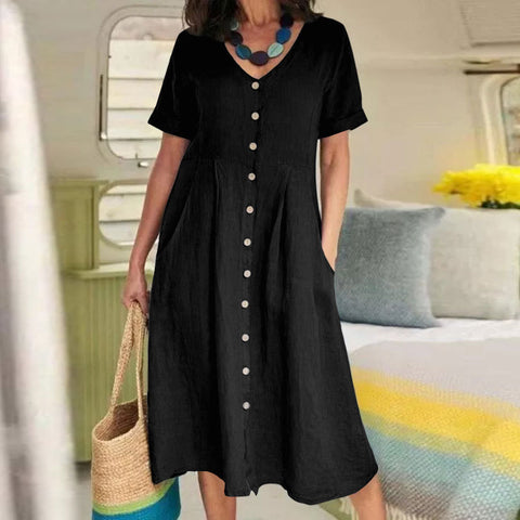 Neues einfarbiges, lockeres Kleid aus Baumwolle und Leinen mit hoher Taille m301192 