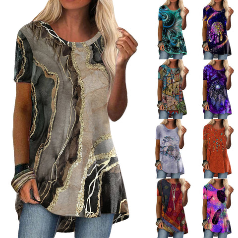 Casual ethnic style retro printed short-sleeved T-shirt m302728