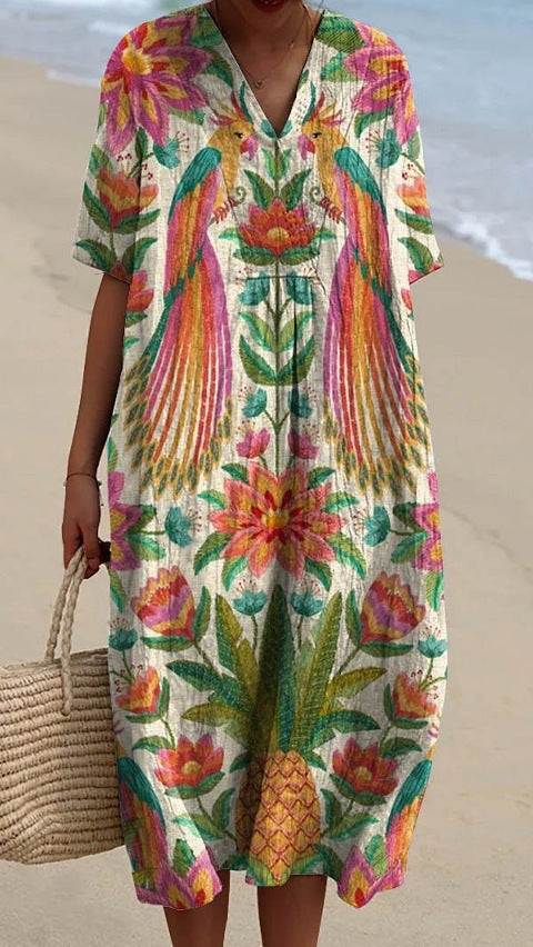 Large size women's shirt short-sleeved dress floral seaside vacation dress m302744