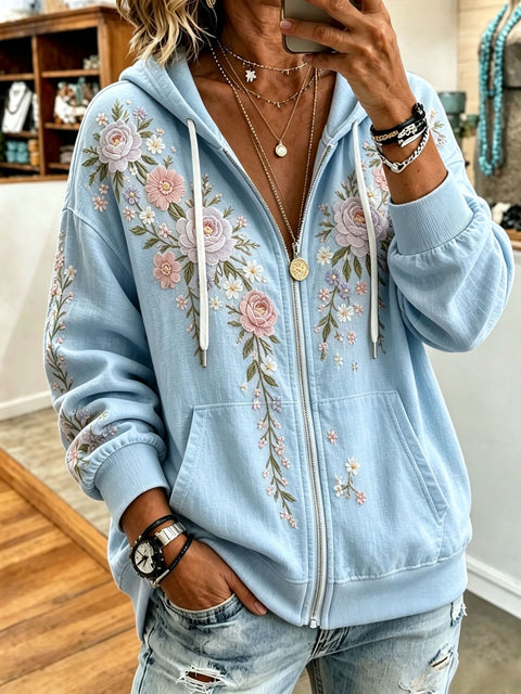 Sequin floral elements 3D digital printing loose casual hooded sweater m303215
