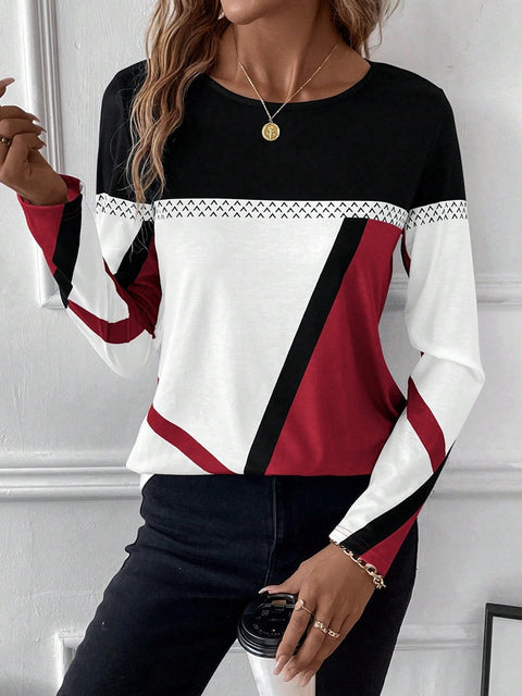 Pullover Rundhalsausschnitt Kontrastfarbe Spleißen Geometrisch bedrucktes Oberteil Damen T-Shirt m300874 