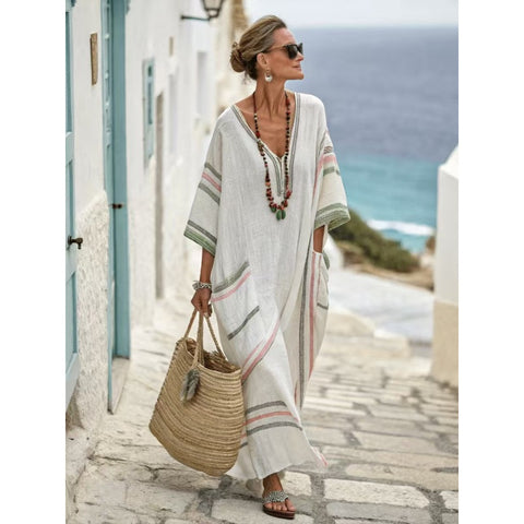 Holiday long striped embroidered dress m302762