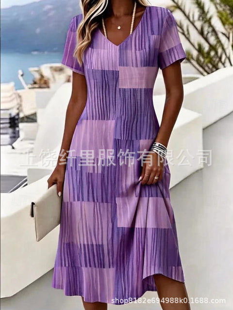 Printed women's v-neck short-sleeved temperament fashion dress m303046