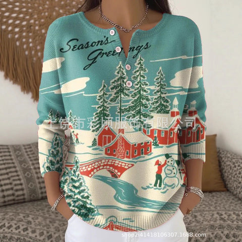 New Christmas sweater casual print cute button-up women's top FF303407