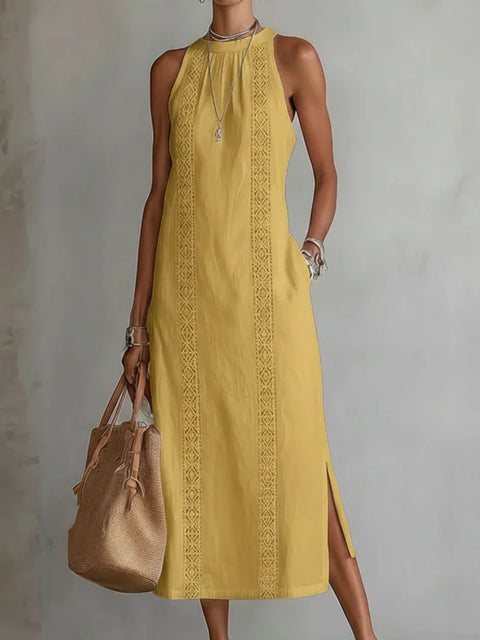 Women's clothing neck holiday solid color lace splicing sleeveless dress m302923