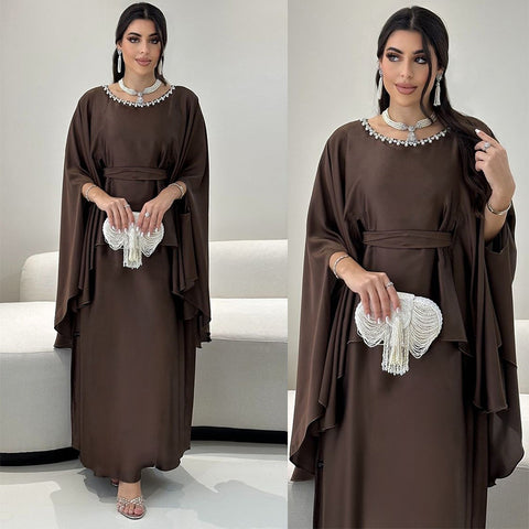 Fashion bead chain decorative fake two-piece set lace-up waist robe dress m301184