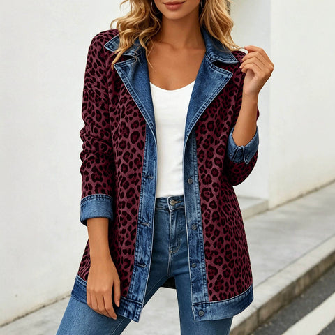 Leopard print denim jacket women's long-sleeved casual cardigan autumn loose jacket FF303339