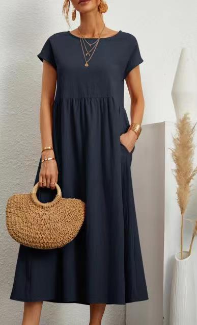Sleeveless loose cotton and linen pocket dress m301061