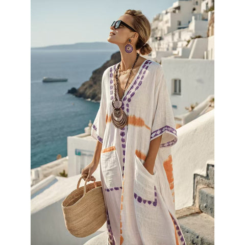 Holiday long striped embroidered dress m302762