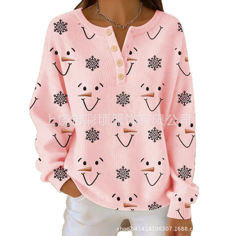New Christmas sweater casual print cute button-up women's top FF303407