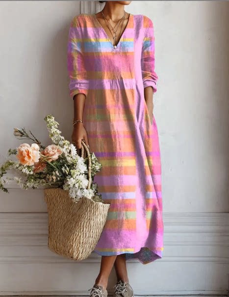 Women's loose V-neck fashion high-end long-sleeved printed collar dress m302766