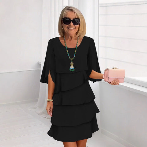 Fashion solid color round neck cake skirt splicing dress women's m302730