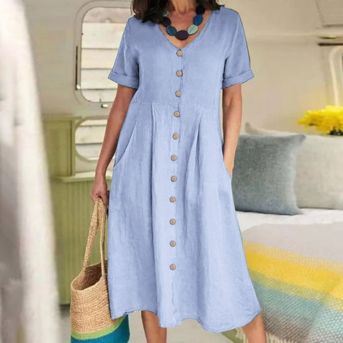 Neues einfarbiges, lockeres Kleid aus Baumwolle und Leinen mit hoher Taille m301192 