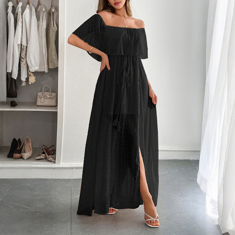Robe longue élégante à manches courtes et col rond pour femme, style tube, taille haute, m301405 