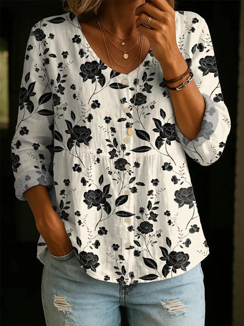 Crew Neck Women's Floral 3D Printed Henley Shirt FF303180