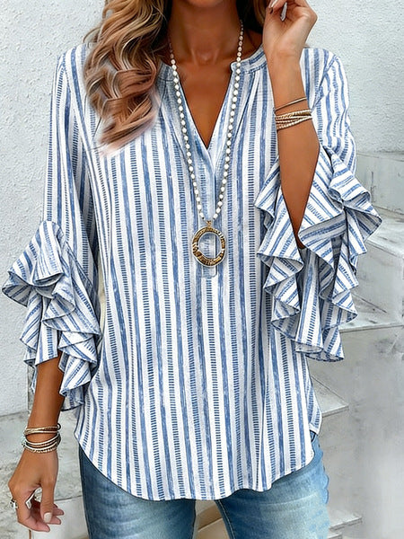 Creative floral element printing digital printing casual trend V-neck lotus edge horn T-shirt m302747