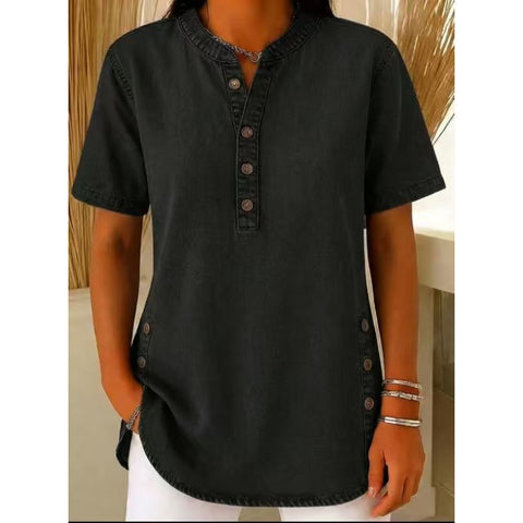Crew Neck Button Daily Commuter Denim Casual Short Sleeve T-Shirt FF303259
