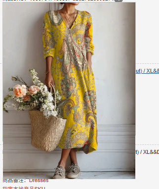 Women's loose V-neck fashion high-end long-sleeved printed collar dress m302766