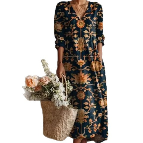 Women's loose V-neck fashion high-end long-sleeved printed collar dress m302766