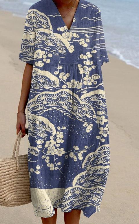 Large size women's shirt short-sleeved dress floral seaside vacation dress m302744