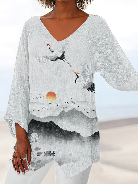 Damen-T-Shirt mit V-Ausschnitt und neunviertellangen Ärmeln und Tiermotiven, lockeres Motiv, m301289 