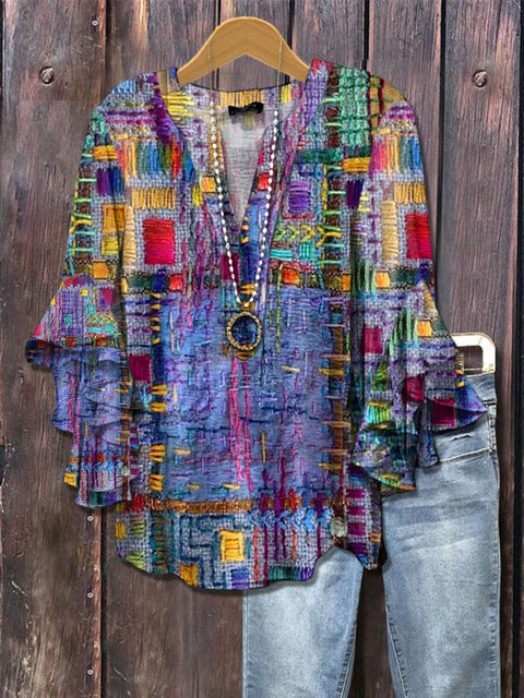 Creative floral element printing digital printing casual trend V-neck lotus edge horn T-shirt m302747