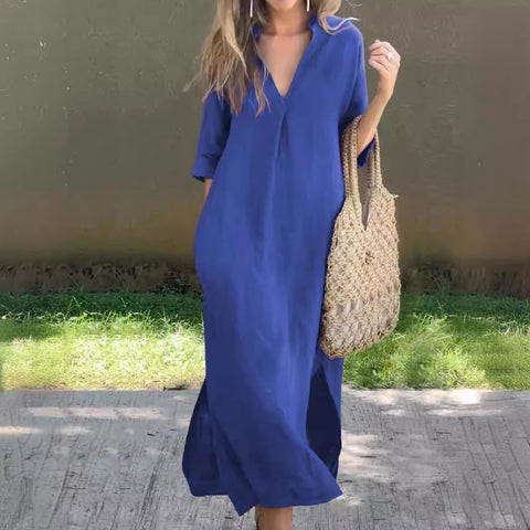 Split V-neck 7-point sleeve chest pleated dress m301506 on both sides