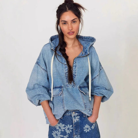 Fashion Loose Casual Wash Hooded Denim Long Sleeve Top FF303253