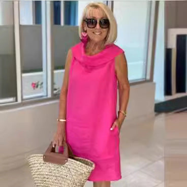 Medium and long dress red loose waist cotton and linen solid color sweet pullover dress m302047