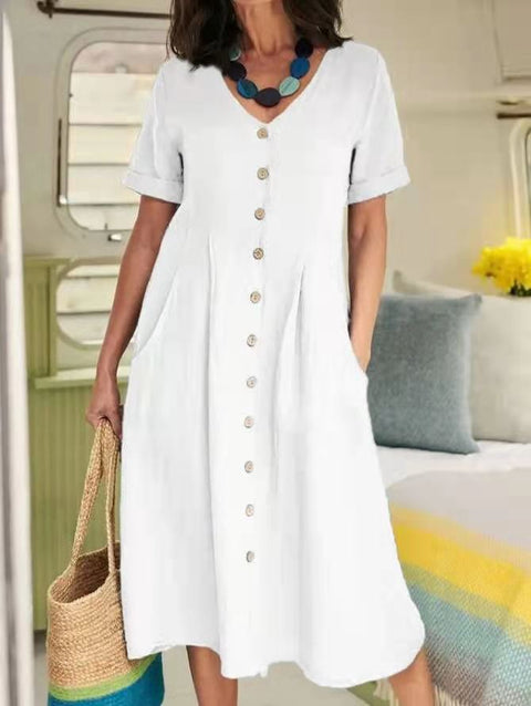 Neues einfarbiges, lockeres Kleid aus Baumwolle und Leinen mit hoher Taille m301192 