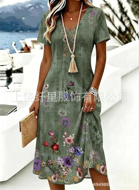 Printed women's v-neck short-sleeved temperament fashion dress m303046