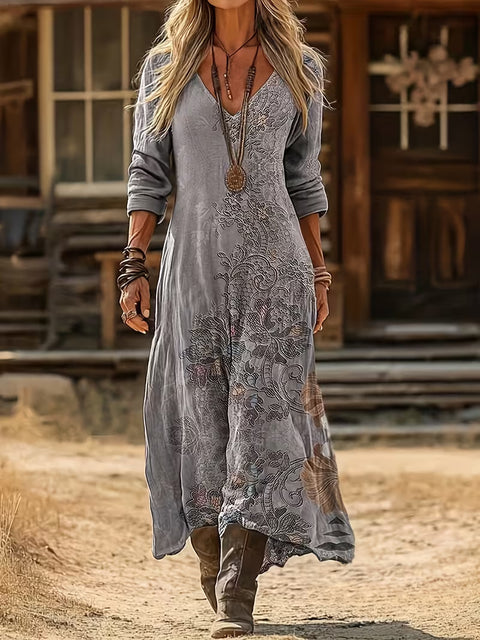 Creative tie-dye 3D printing women's new V-neck long-sleeved dress medium and long dress m302799
