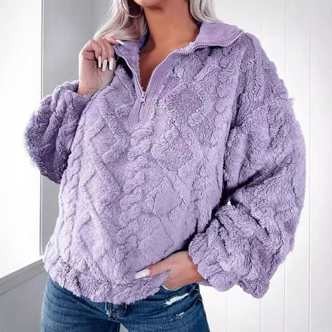 Einfacher, einfarbiger, halblanger Reißverschluss, Stehkragen, lockerer Plüschpullover m300436 