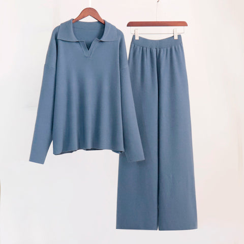 Knitted set European and American autumn and winter sweater set Polo neck knitted jumper + wide-leg trousers two-piece set m301788