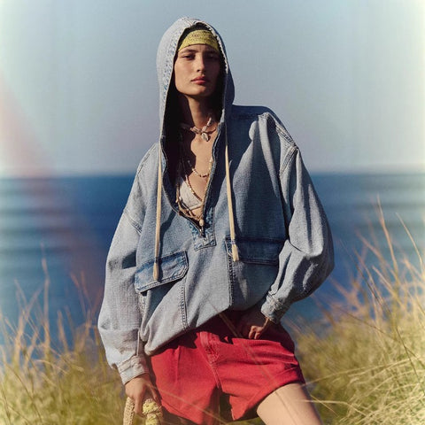 Fashion Loose Casual Wash Hooded Denim Long Sleeve Top FF303253