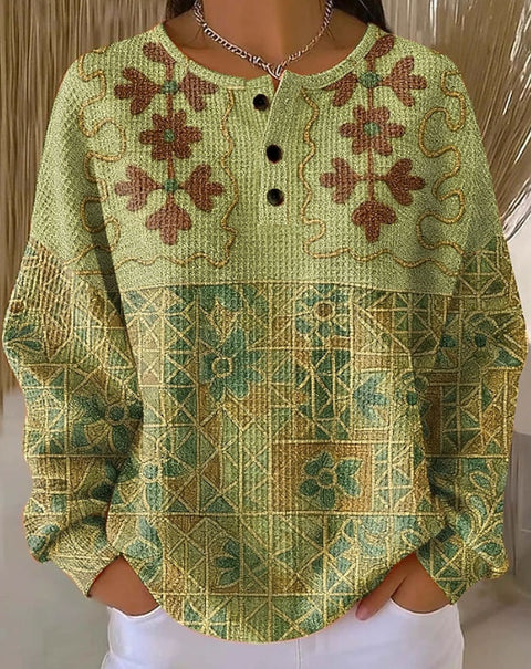 Retro casual 3D digital printing three-button stand-up collar fashion women's top FF303394