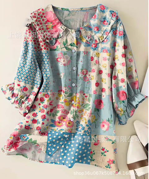 Linglong hemp 3D digital printing abstract, women's long-sleeved buckle lapel shirt m303181