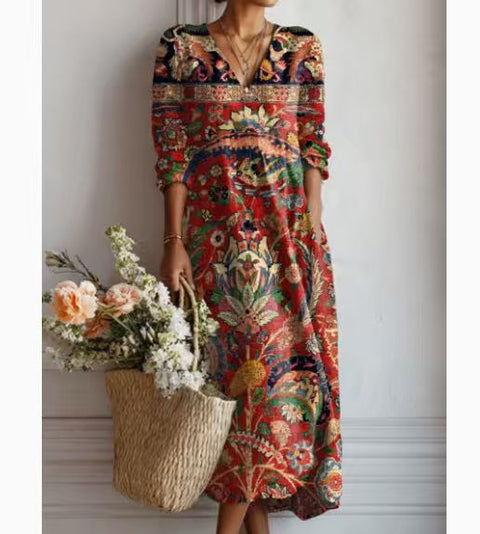 Women's loose V-neck fashion high-end long-sleeved printed collar dress m302766