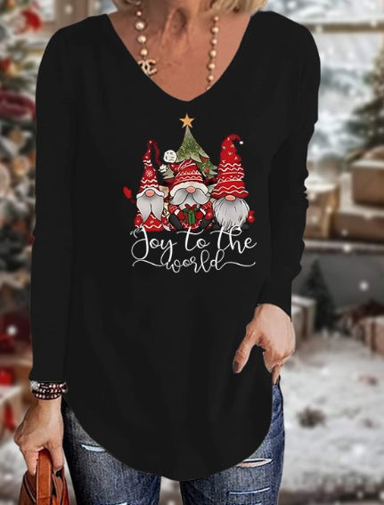Loose 3D V-neck long-sleeved T-shirt women's Christmas printed bottoming shirt m302098